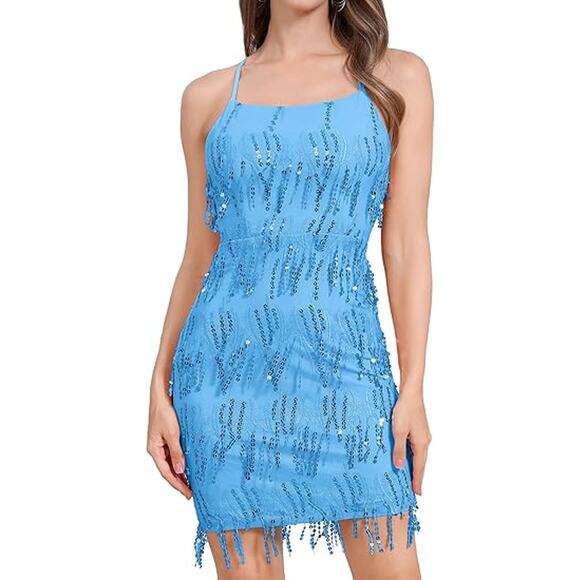 OBEEII Dresses & Skirts - NWT OBEEII Medium Blue Sequins Fringe Sexy Bodycon Mini Dress [0026]